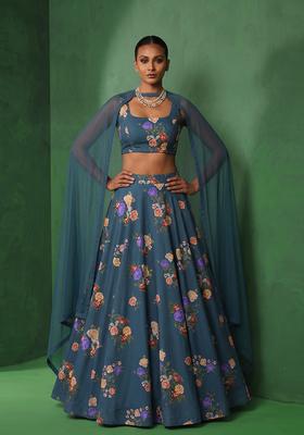 Dark Teal Printed Rayon Lehenga Set