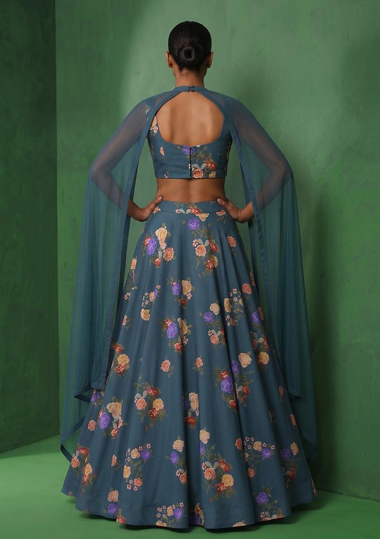 Dark Teal Printed Rayon Lehenga Set - Indya