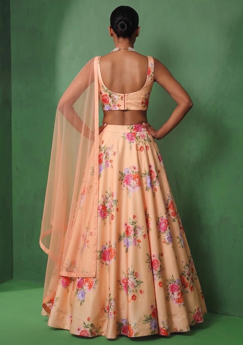 Peach Printed Rayon Lehenga Set - Indya