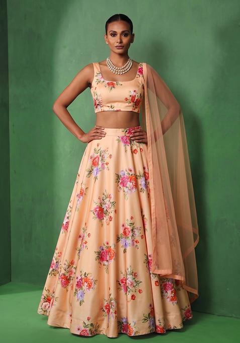 Peach Silk Blend Floral Print Lehenga Set