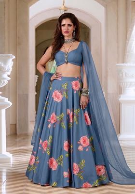 Dusty Blue Printed Rayon Lehenga Set