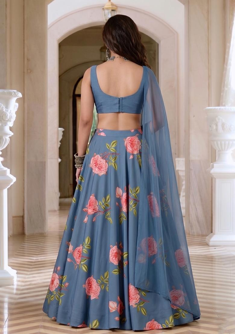Dusty Blue Printed Rayon Lehenga Set - Indya