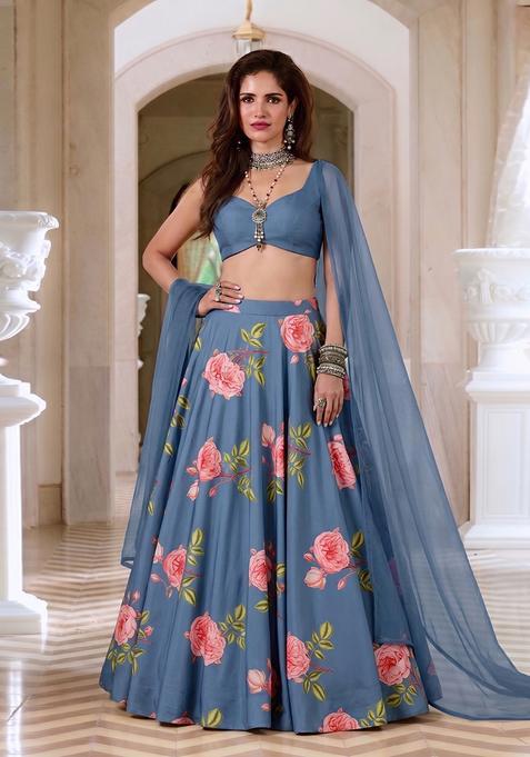Dusty Blue Silk Blend Floral Print Lehenga Set