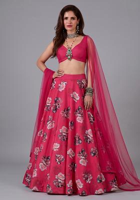Fuchsia Pink Silk Blend Floral Print Lehenga Set