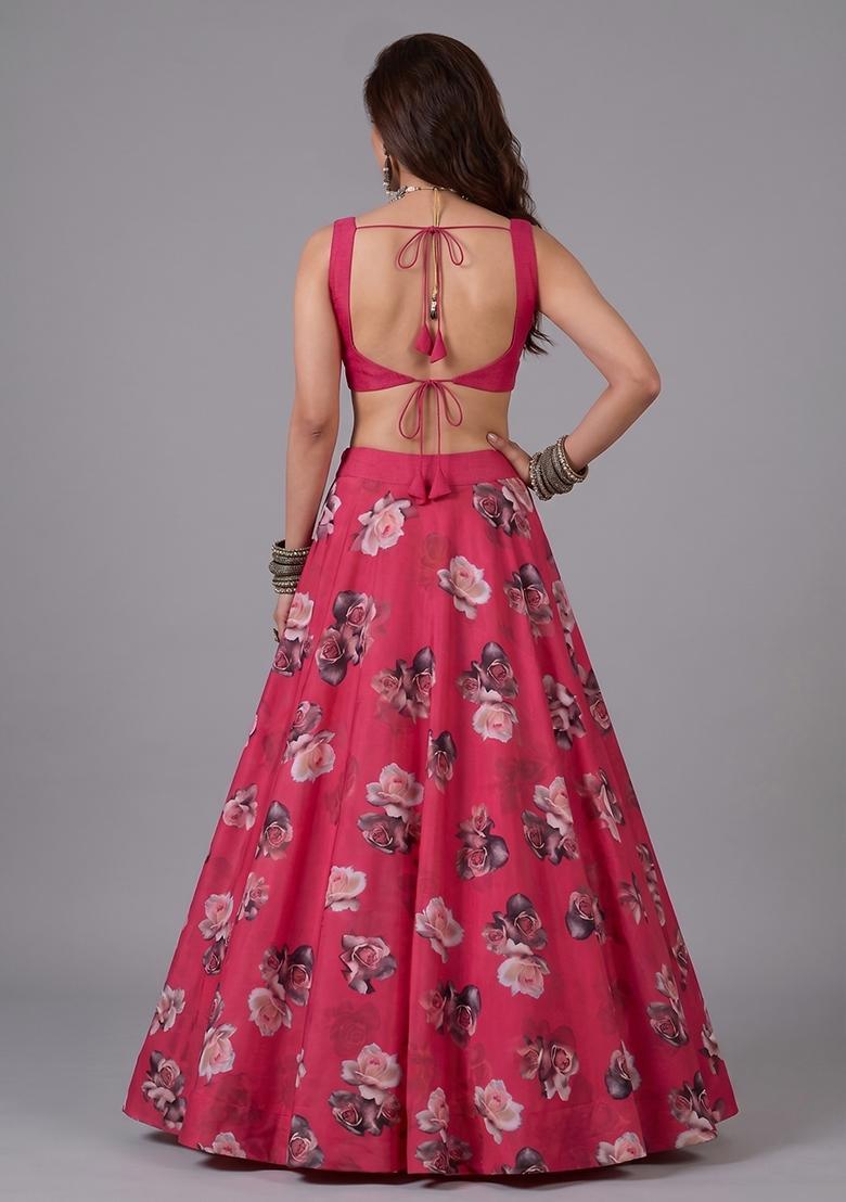 Fuchsia Pink Silk Blend Floral Print Lehenga Set - Indya