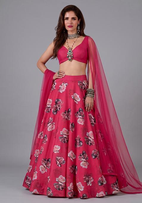 Coral Silk Blend Floral Print Lehenga Set