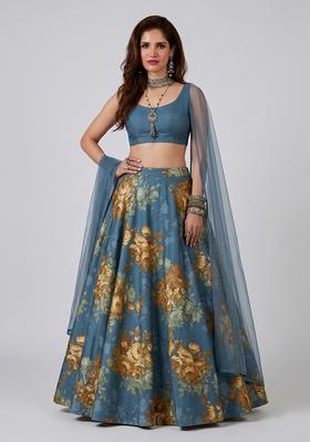 Dark Teal Solid Rayon Lehenga Set
