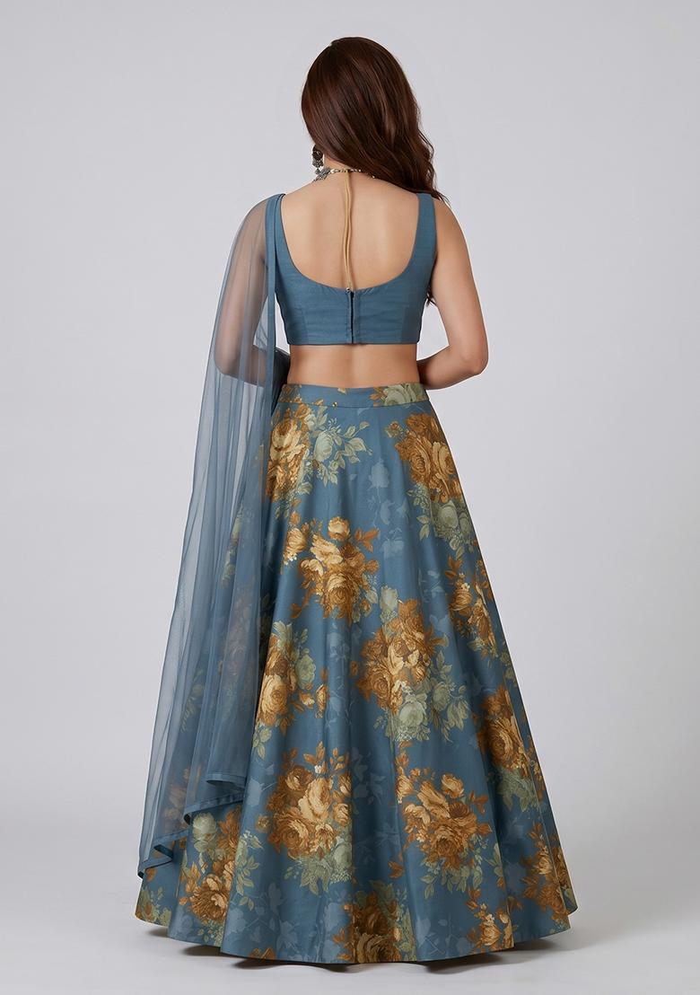 Dark Teal Solid Rayon Lehenga Set - Indya