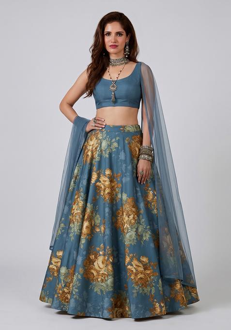 Dark Teal Silk Blend Solid Lehenga Set