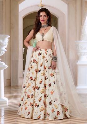 Cream Printed Rayon Lehenga Set