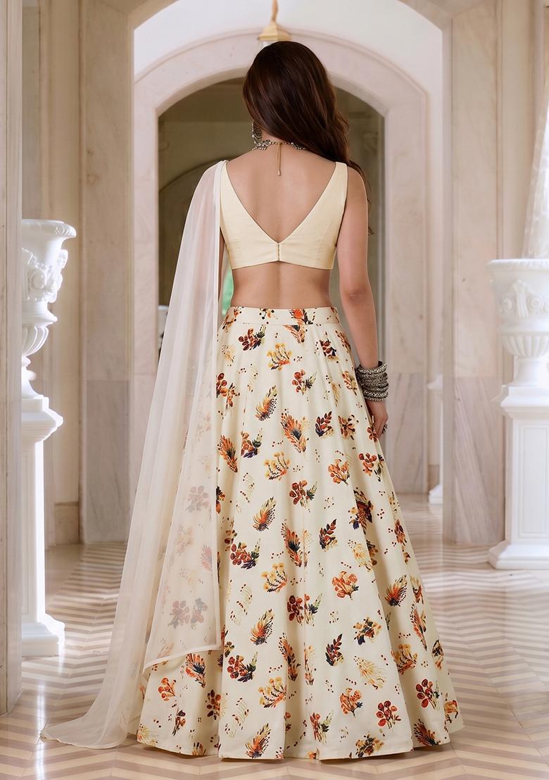 Cream Printed Rayon Lehenga Set - Indya
