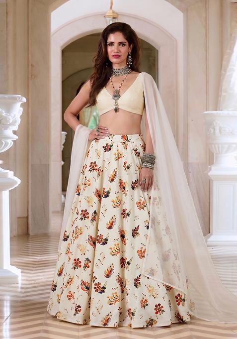 Cream Silk Blend Floral Print Lehenga Set