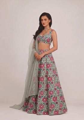Sage Green Printed Rayon Lehenga Set