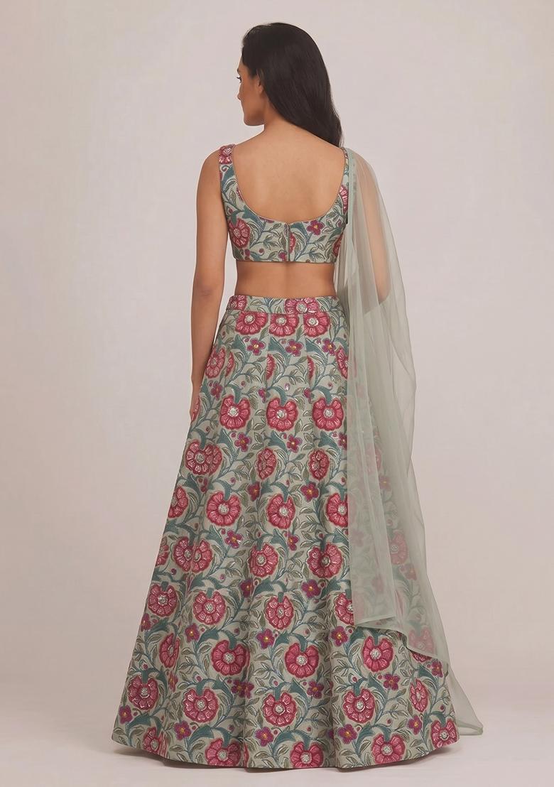 Sage Green Printed Rayon Lehenga Set - Indya