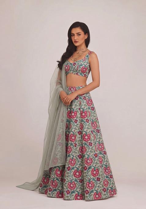 Sage Green Silk Blend Floral Print Lehenga Set
