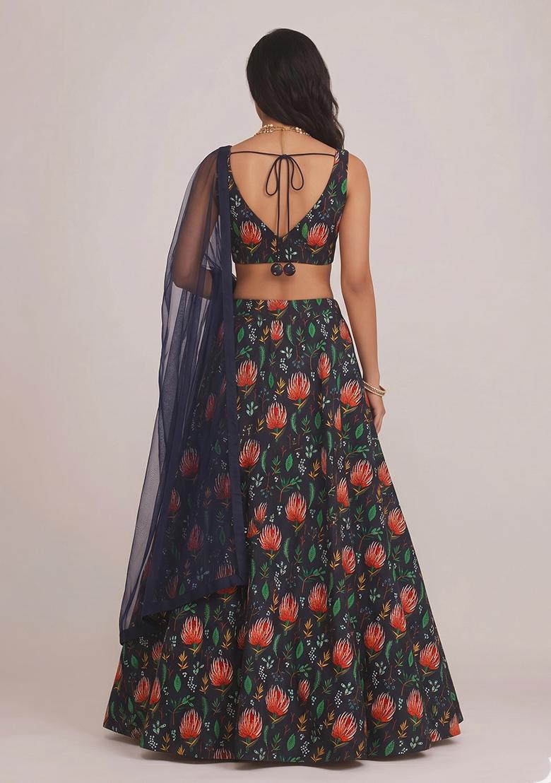 Navy Blue Printed Rayon Lehenga Set - Indya
