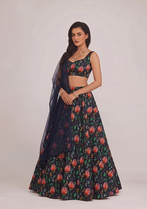 Navy Blue Silk Blend Floral Print Lehenga Set