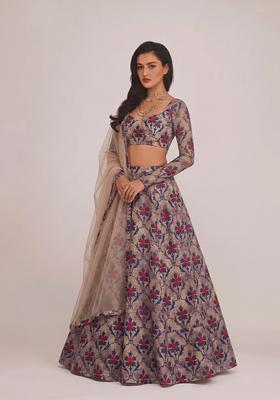 Dark Beige Printed Rayon Lehenga Set