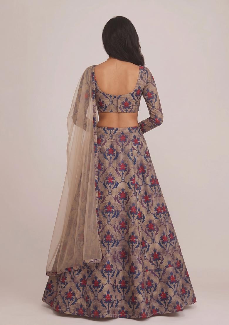 Dark Beige Printed Rayon Lehenga Set - Indya