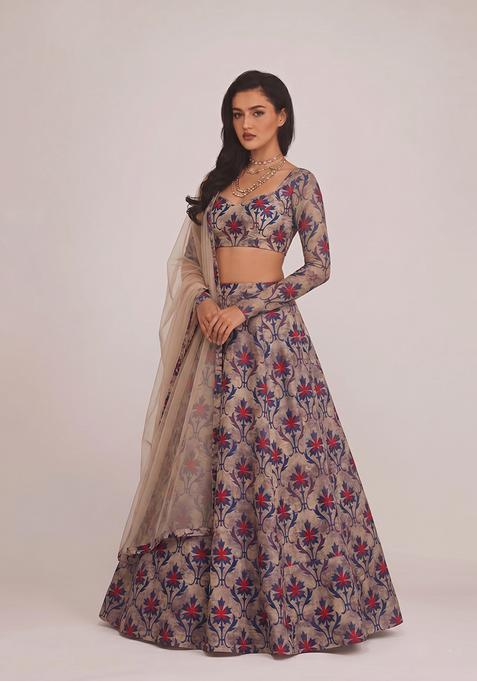 Dark Beige Silk Blend Floral Print Lehenga Set