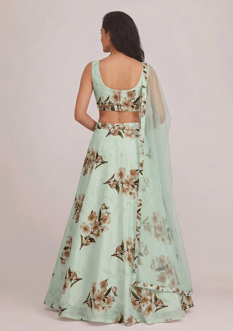 Mint Green Printed Rayon Lehenga Set - Indya