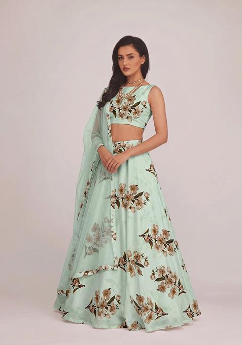 Mint Green Silk Blend Floral Print Lehenga Set