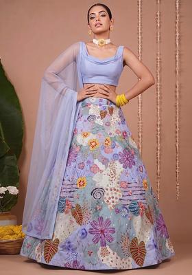 Lavender Printed Crepe Lehenga Set