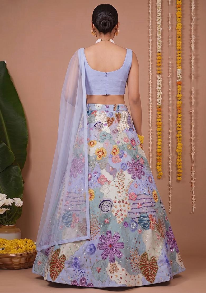 Lavender Printed Crepe Lehenga Set - Indya