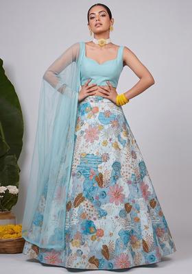 Sky Blue Printed Crepe Lehenga Set