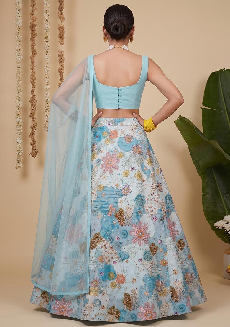 Sky Blue Printed Crepe Lehenga Set - Indya