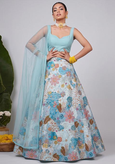Sky Blue Silk Blend Embroidered Lehenga Set