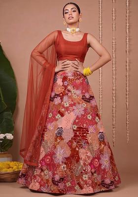 Rust Red Printed Crepe Lehenga Set