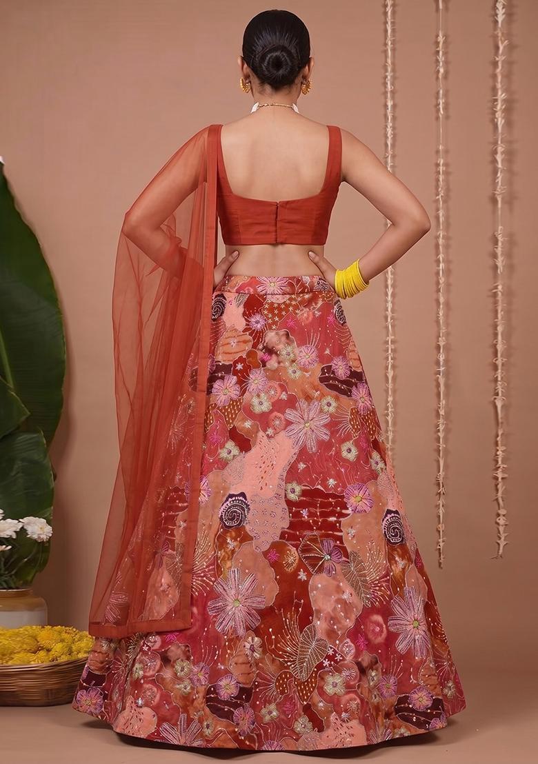 Rust Red Printed Crepe Lehenga Set - Indya
