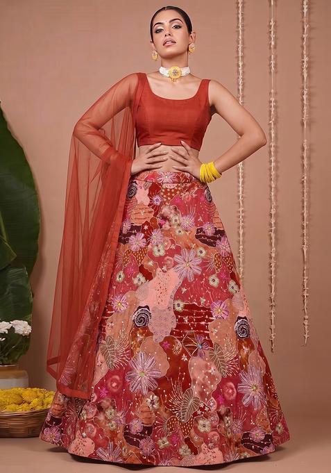 Rust Red Silk Blend Embroidered Lehenga Set