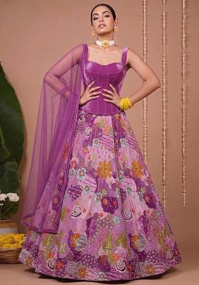 Purple Printed Crepe Lehenga Set