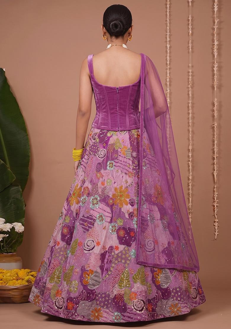 Purple Printed Crepe Lehenga Set - Indya