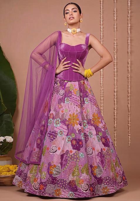 Purple Velvet Embroidered Lehenga Set