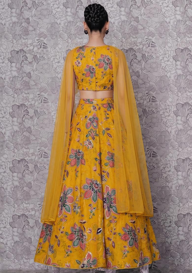 Mustard Printed Organza Lehenga Set - Indya