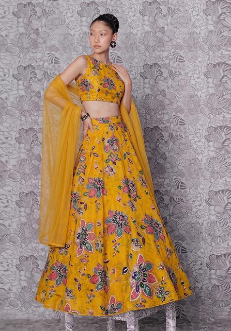 Mustard Silk Blend Embroidered Lehenga Set