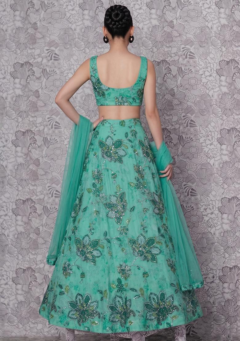 Mint Green Printed Organza Lehenga Set - Indya