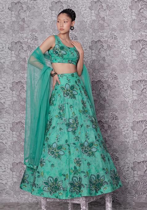 Mint Green Organza Embroidered Lehenga Set