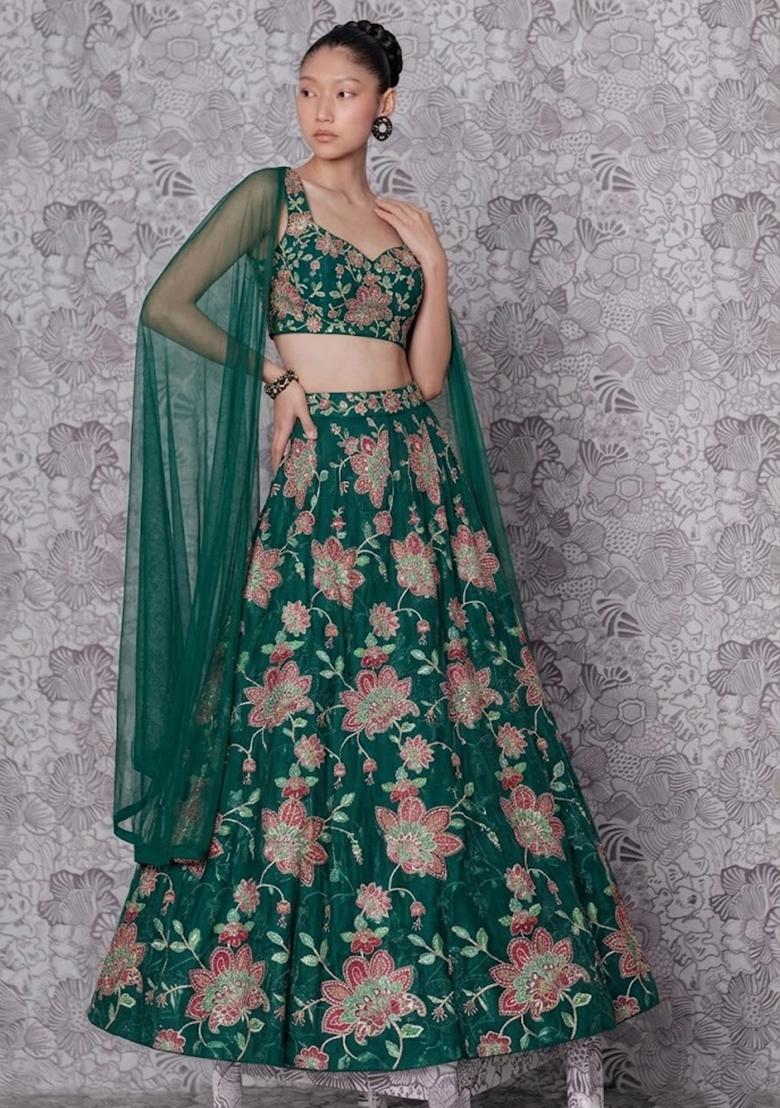 Bottle Green Printed Organza Lehenga Set - Indya