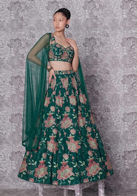 Bottle Green Silk Blend Embroidered Lehenga Set