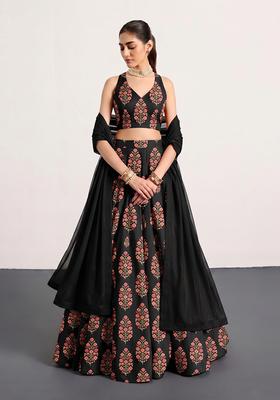 Black Printed Chiffon Lehenga Set