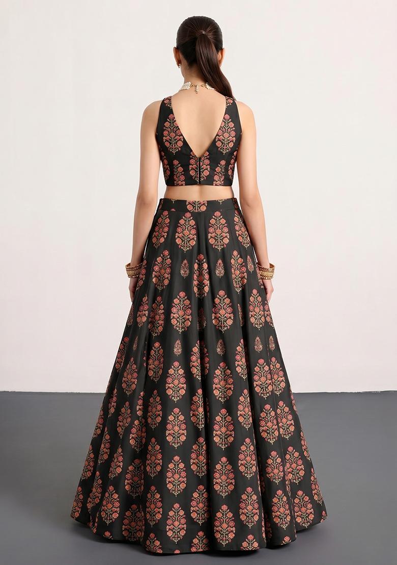 Black Printed Chiffon Lehenga Set - Indya