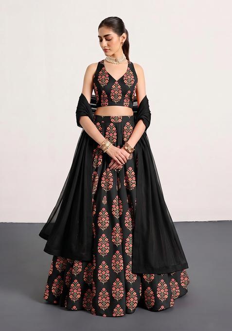 Black Silk Blend Floral Print Lehenga Set