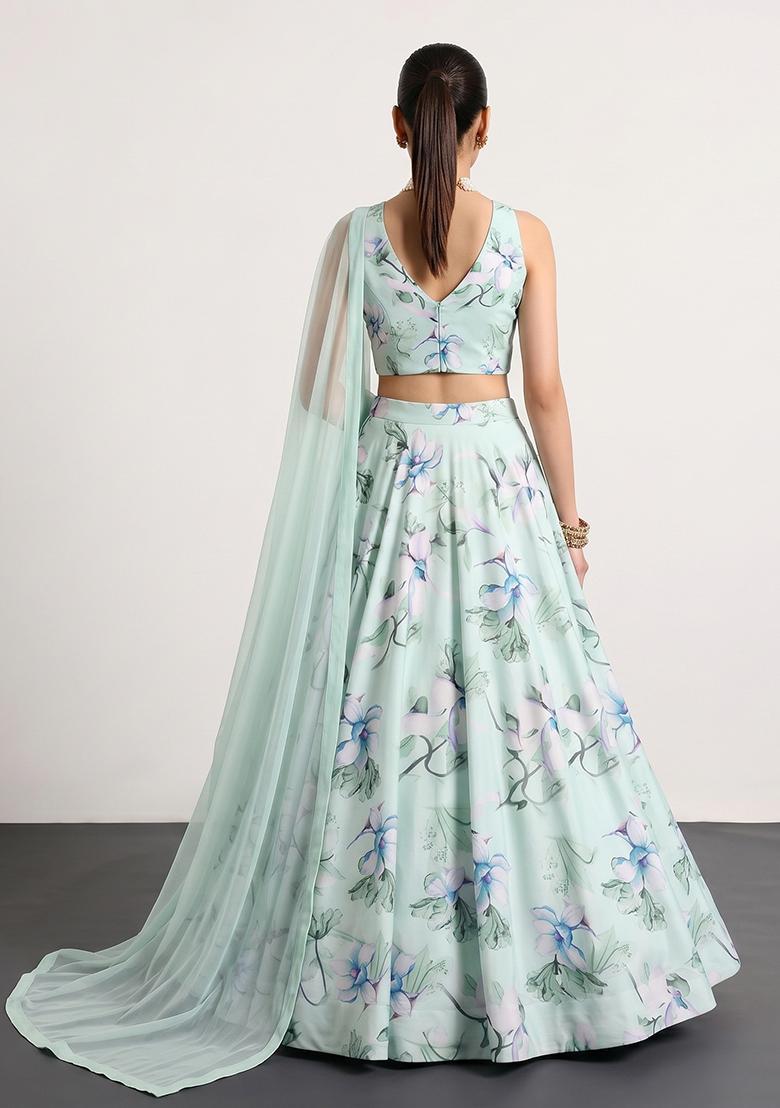 Mint Green Printed Chiffon Lehenga Set - Indya