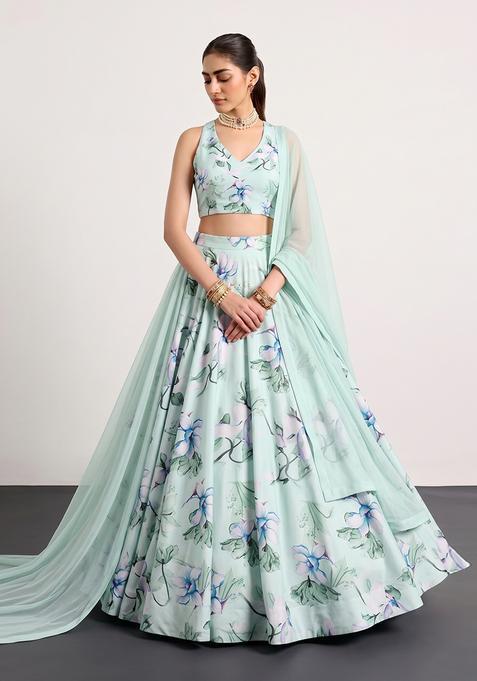 Mint Green Printed Chiffon Lehenga Set