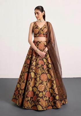 Chocolate Brown Jacquard Jacquard Chiffon Lehenga Set