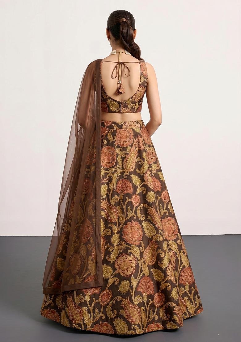 Chocolate Brown Jacquard Jacquard Chiffon Lehenga Set - Indya
